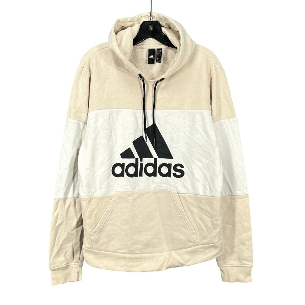 ADIDAS Men's BEIGE/WHITE Pocket Sweatshirt FRONT LOGO Casual PULLOVER Hoodie S